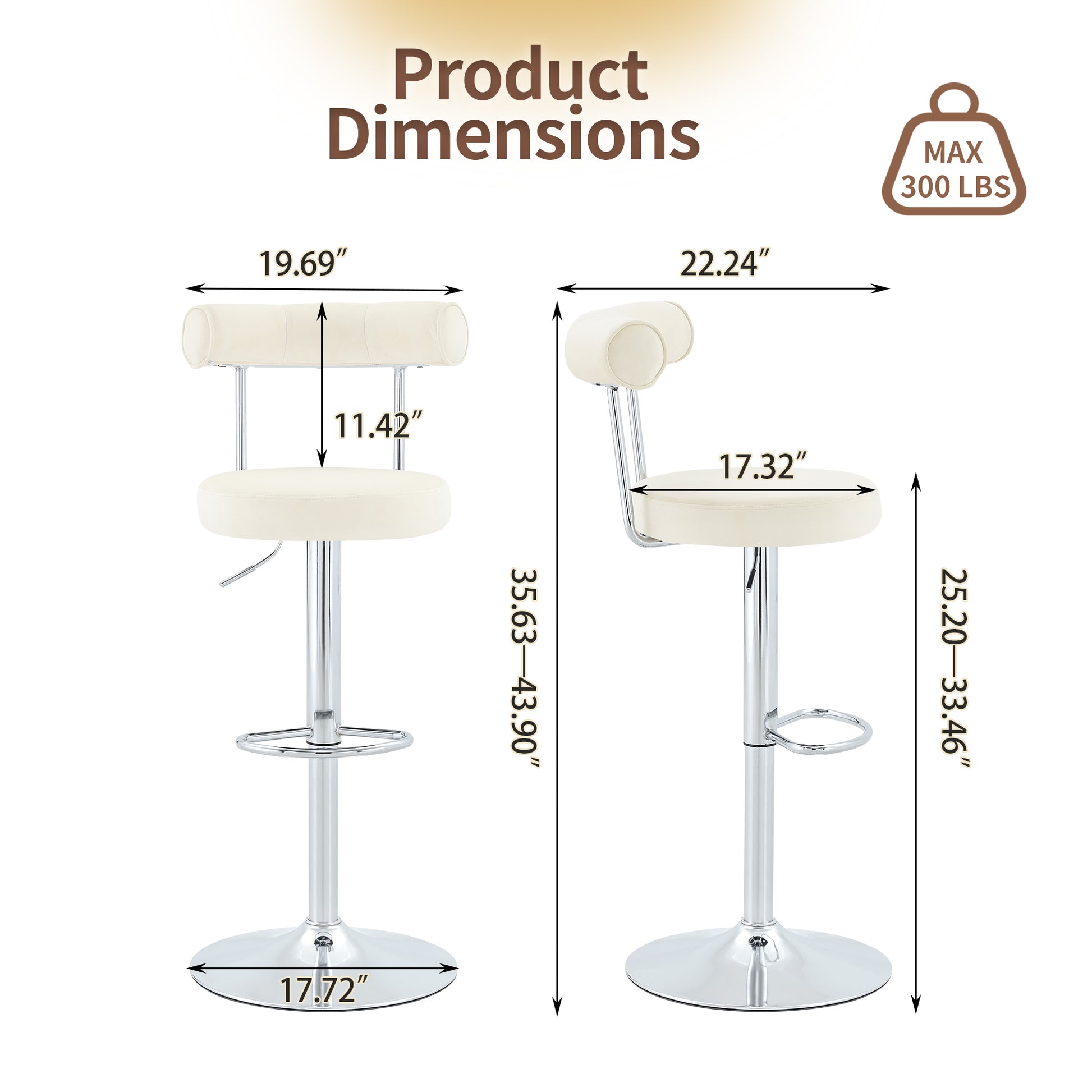Soft Velvet Upholstered Swivel Adjustable Bar Chair with Chrome Silver Legs - Dining Room Living Room Bar Cafe Reception Desk Bar Stool(Off White, Set of 2) image 3
