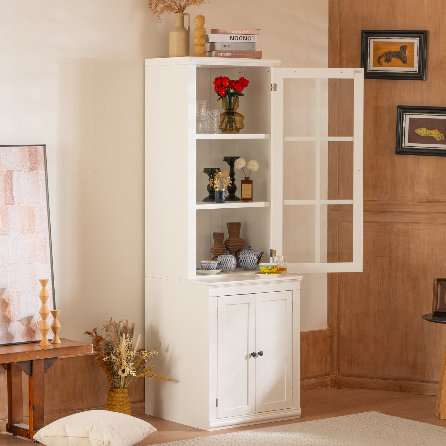 75.25'' Tall Freestanding Pantry Cabinet with Glass Door & Lattice Window, Farmhouse Display Cabinets with Storage, Hutch with Double-Action LH&RH Door, for Hallways, Livingroom Kitchen & Office,White image 6