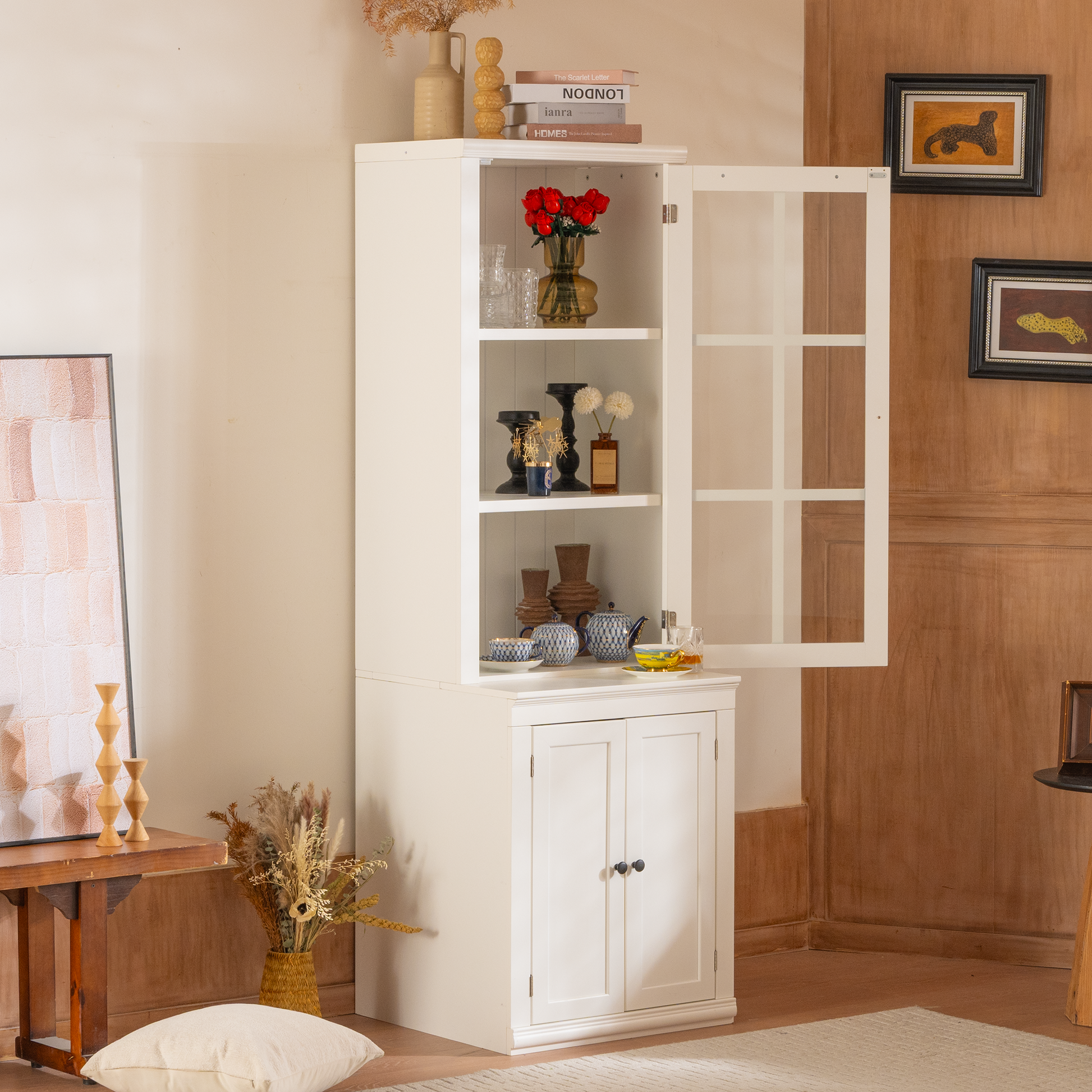 75.25'' Tall Freestanding Pantry Cabinet with Glass Door & Lattice Window, Farmhouse Display Cabinets with Storage, Hutch with Double-Action LH&RH Door, for Hallways, Livingroom Kitchen & Office,White image 6