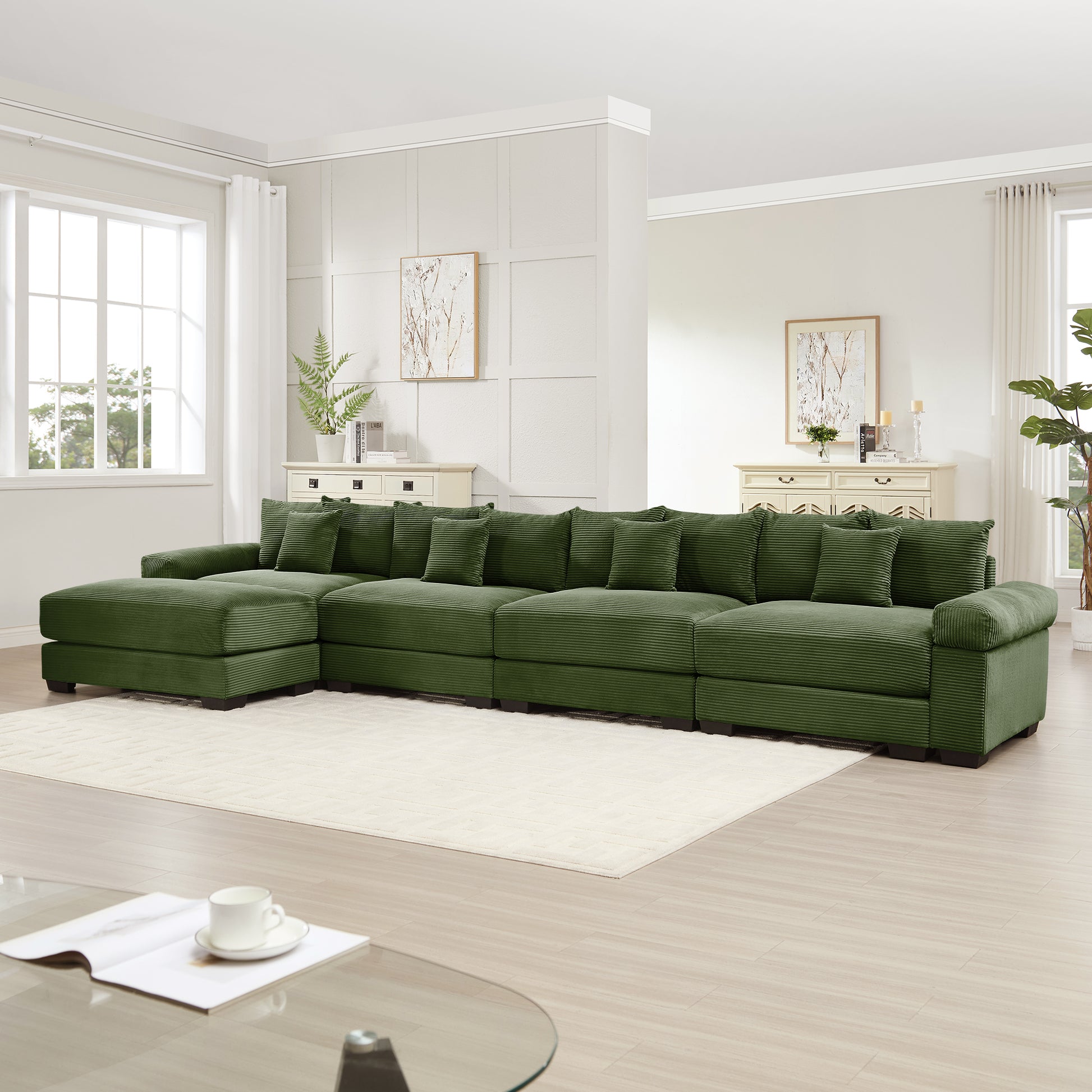 170"Oversized Cloud Modular L-Shape Sectional Couch,Soft Corduroy Fabric, With An Ottoman,Deep Seat Wide Armrests,Ergonomic Design,12 Throw Pillows, Easy Assembly,For Living Rooms Studies,Green image 3