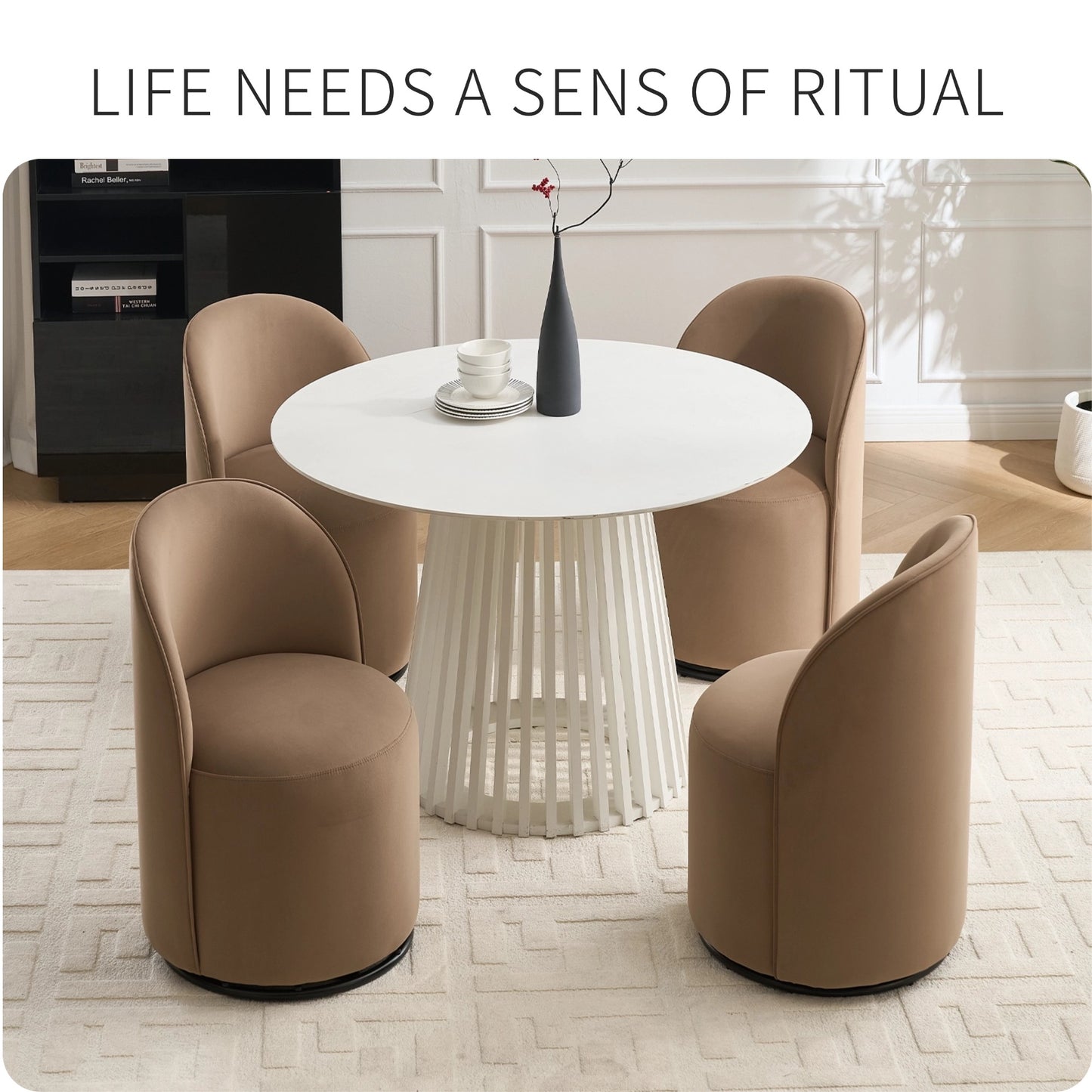 Set Of 1 Upholstered Kitchen & Dining Room Barrel Chair, Mid Century Modern Round Velvet Dining Chair, 360 Degree Swivel Comfy Armless Accent Makeup Vanity Side Chair for Bedroom Living Room image 5
