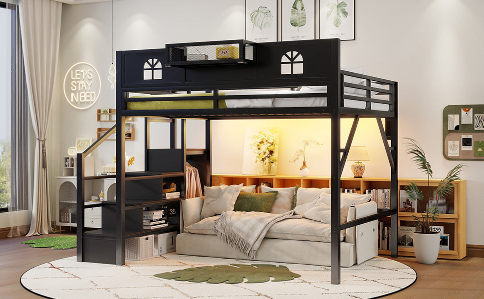 Queen Size Loft Bed with Stairs, Metal Queen Loft Bed with High and House Shaped Guardrails, High Loft Bed with Wardrobe for Kids Teens, black(Old SKU W2593S00061) image 5