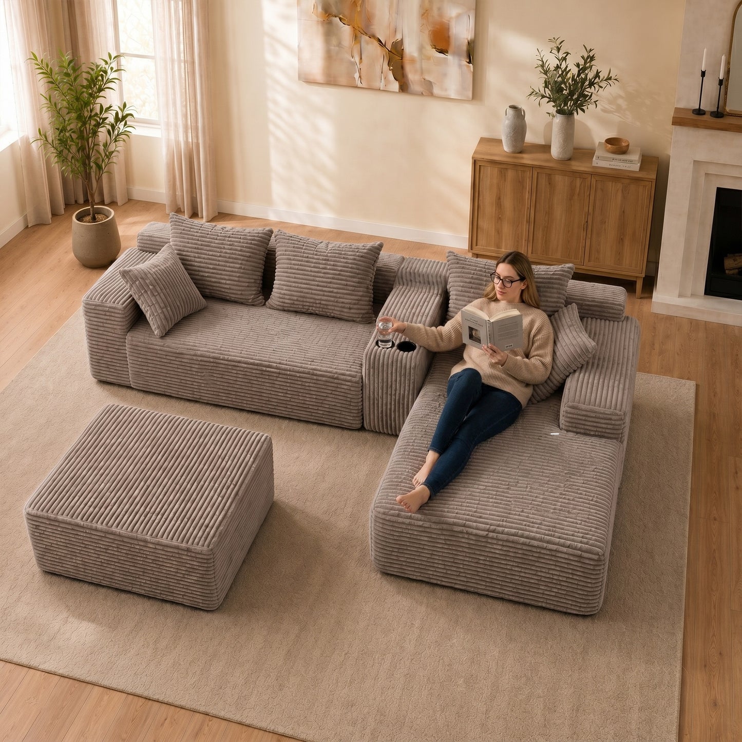 Advanced Corduroy U-shaped Modular Segmented Sofa, Large Sitting Depth Convertible Form, with Cup Holder and Storage Space, Modern Nordic Comfortable L-shaped Sofa Bed, Suitable for Large Living Rooms image 10