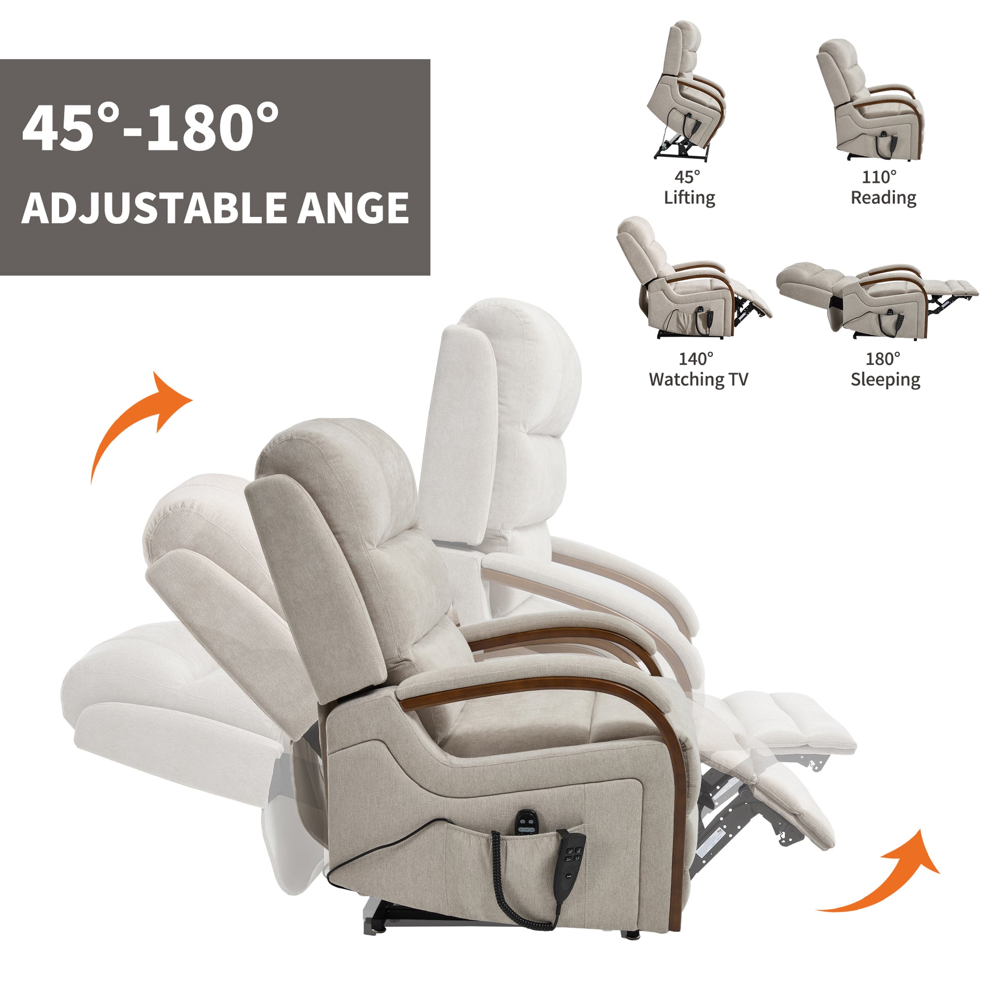 Power Beige Chenille Lift Recliner Chair Dual Motor Infinite Position Up to 350 LBS with Solid Wood Armrests, Heat Massage and Heavy Duty Motion Mechanism image 4