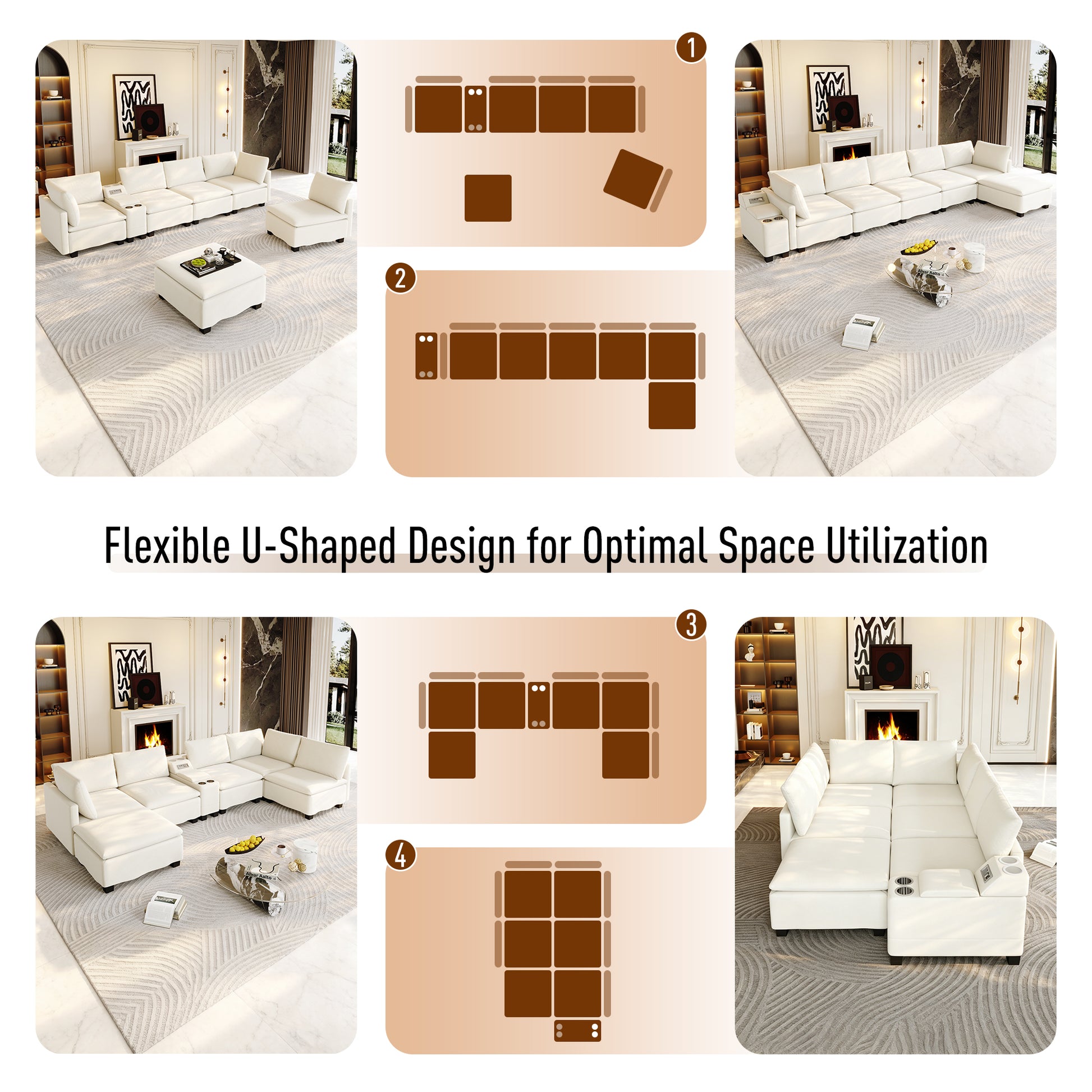 121.2" Modular U-Shaped Cloud Sectional Sofa with Movable Ottoman, Chenille Convertible Sofa Bed with Hidden Storage&USB Ports&Cup Holders&Bluetooth Speaker for Living Room, Apartments, Beige/White image 11