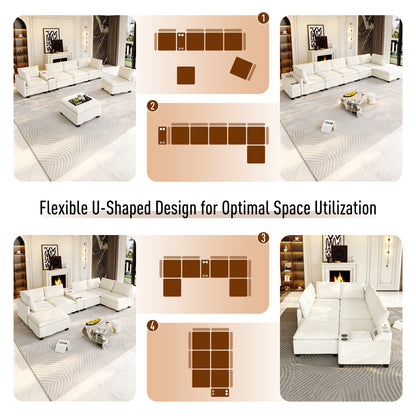 121.2" Modular U-Shaped Cloud Sectional Sofa with Movable Ottoman, Chenille Convertible Sofa Bed with Hidden Storage&USB Ports&Cup Holders&Bluetooth Speaker for Living Room, Apartments, Beige/White image 11