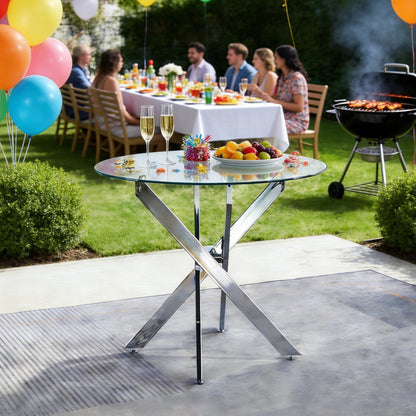 Dining Table with cross metal leg and tempered glass,Modern Space Saving Kitchen Table for Living Room,chrome legs image 2