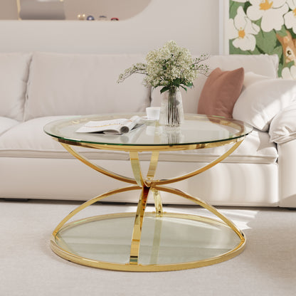 31.50'' Modern Glass Coffee Table with 2 Tiers, Ring-Shaped Frames, Metal Frame and Clear Tempered Glass, Round Coffee Table for Living Room, Bedroom and Office, Gold image 1