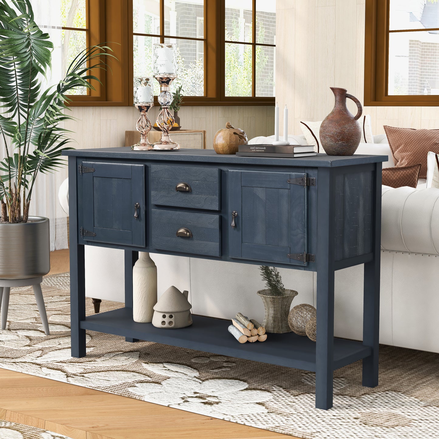 46'' Solid Wood Sideboard Console Table with 2 Drawers and Cabinets and Bottom Shelf, Retro Style Storage Dining Buffet Server Cabinet for Living Room Kitchen Dining Room(Navy Blue) image 3