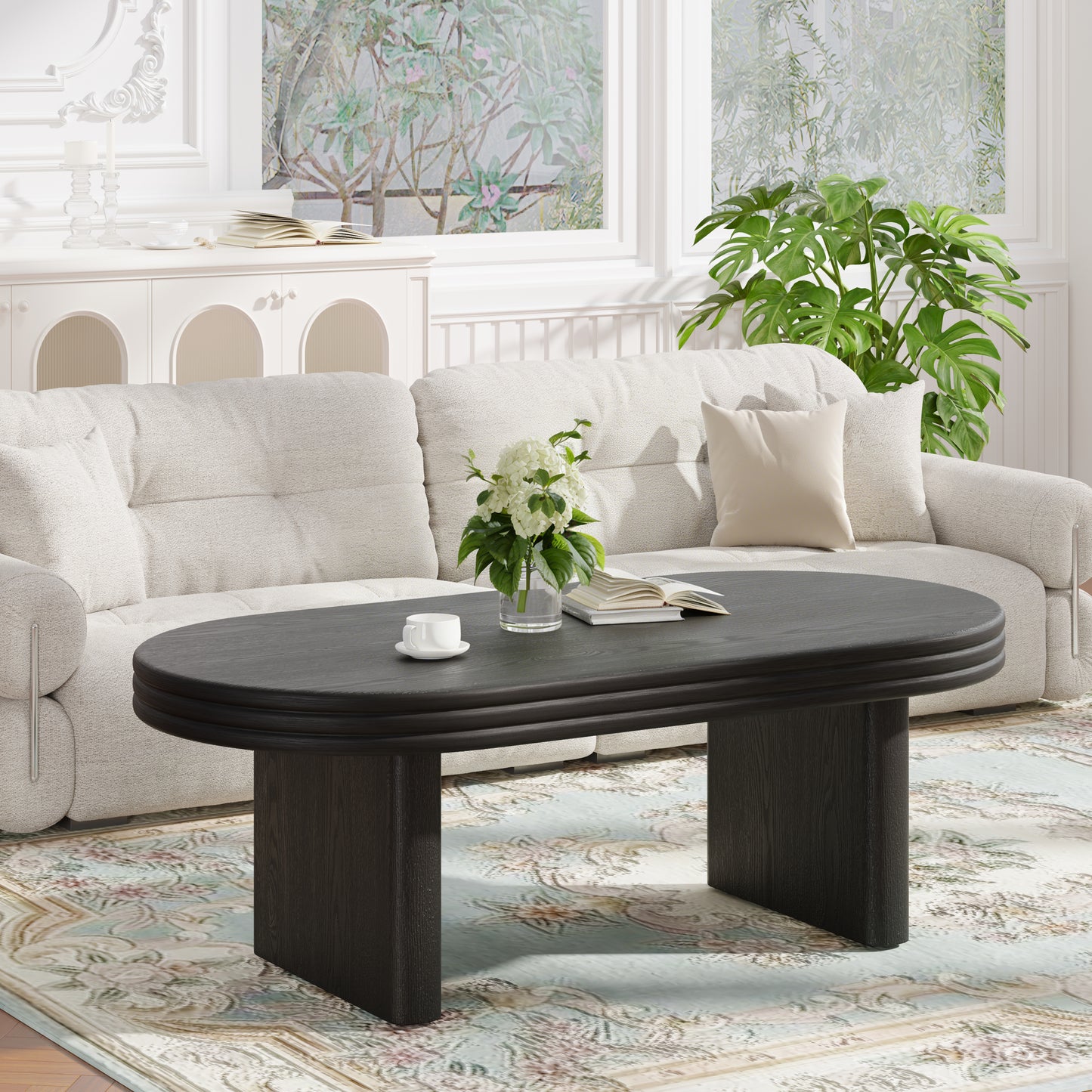 Mid Century Modern Oval Fluted Coffee Table, Farmhouse Wood Coffee Table, Cocktail Table, Center Table for Living Room, Office, Home Decor(Black, 23.62" D x 47.24" W x 16.34" H) image 1