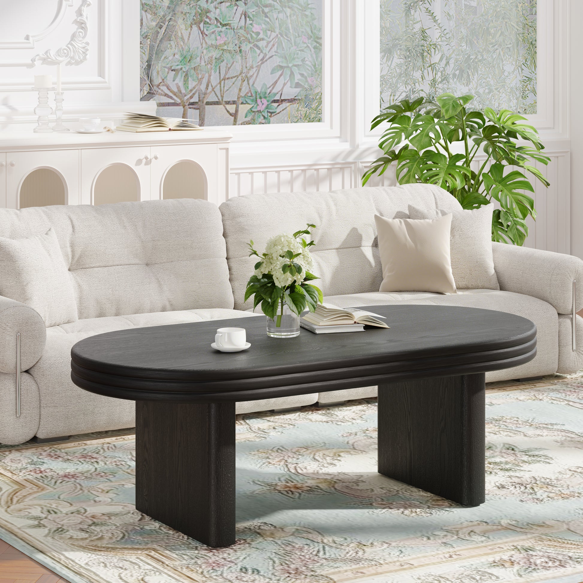 Mid Century Modern Oval Fluted Coffee Table, Farmhouse Wood Coffee Table, Cocktail Table, Center Table for Living Room, Office, Home Decor(Black, 23.62" D x 47.24" W x 16.34" H) image 1