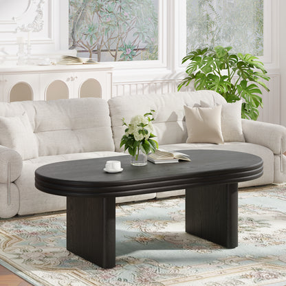 Mid Century Modern Oval Fluted Coffee Table, Farmhouse Wood Coffee Table, Cocktail Table, Center Table for Living Room, Office, Home Decor(Black, 23.62" D x 47.24" W x 16.34" H) image 1
