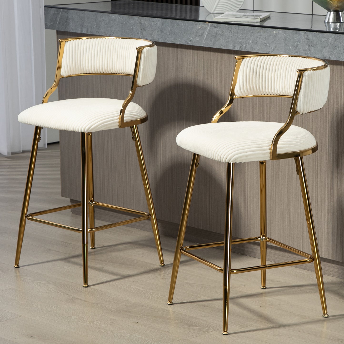 (SET of 2) 26'' Counter height bar stools Corduroy kitchen island counter bar stool with back,golden chromed base and footrest (BEIGE) image 10