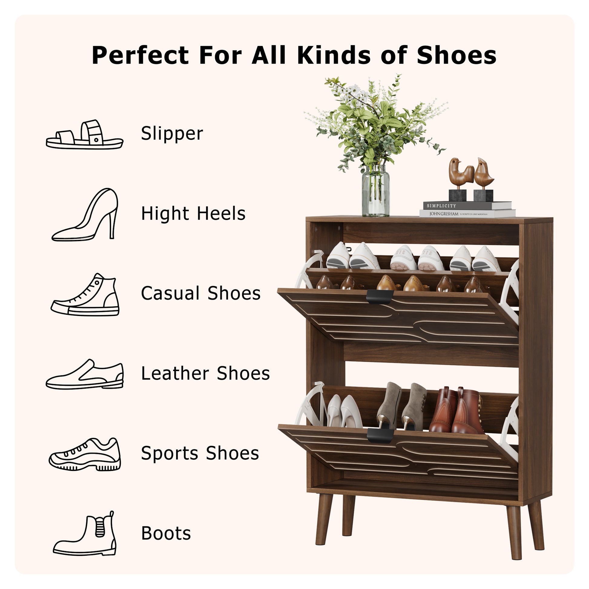 Medieval Modern Independent Shoe Cabinet, 23.62-inch Walnut Shoe Storage Cabinet, Fence Shoe Cabinet with 2 Flip Drawers, Suitable For Corridors And Entrances image 11