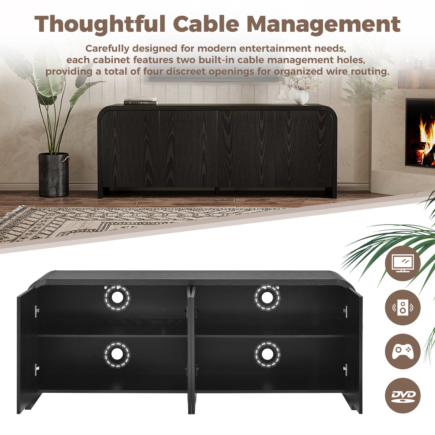 Farmhouse Curved Edge TV Stand with Large Cabinets for TVs up to 70", Minimalist Wood Grain Media Console with Cable Management, Mid Century TV Cabinet with Adjustable Shelves for Living Room, Black image 6