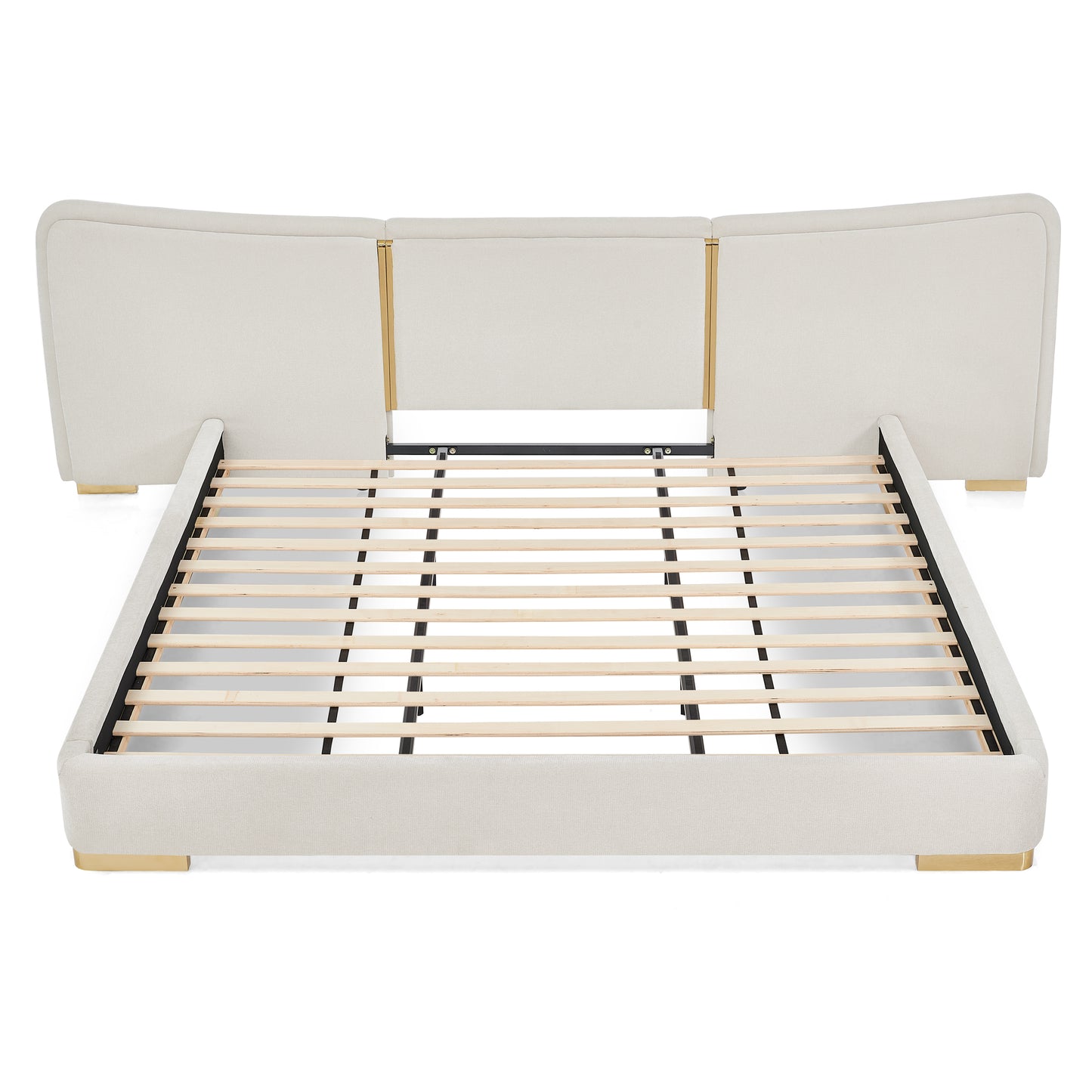 King Size Extra Large Platform Bed, Soft Chenille Fabric Frame, Curved Headboard, Reinforced Electroplated Metal Legs, Flexible DIY Side Space Design-Beige image 12