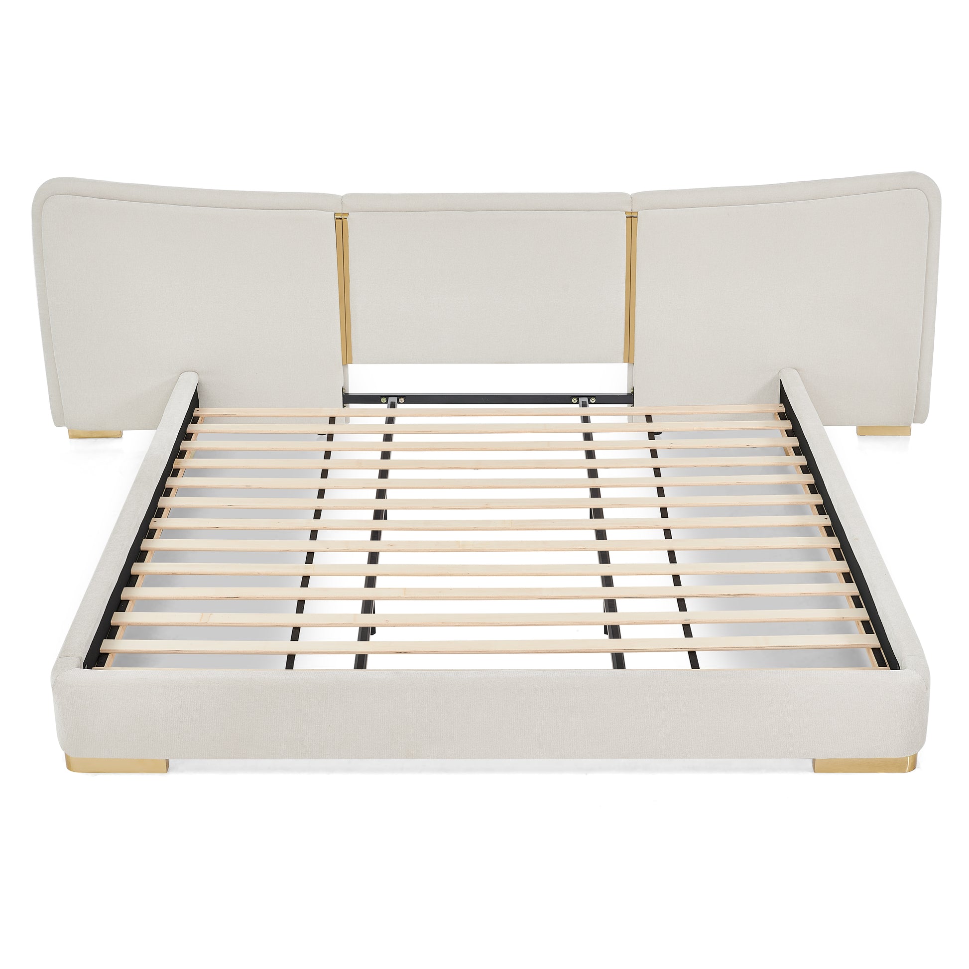 King Size Extra Large Platform Bed, Soft Chenille Fabric Frame, Curved Headboard, Reinforced Electroplated Metal Legs, Flexible DIY Side Space Design-Beige image 12