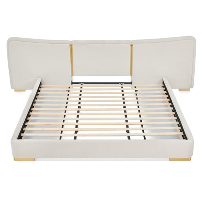 King Size Extra Large Platform Bed, Soft Chenille Fabric Frame, Curved Headboard, Reinforced Electroplated Metal Legs, Flexible DIY Side Space Design-Beige image 12