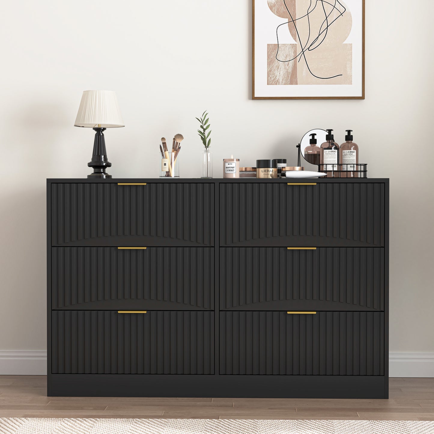 Modern 6-Drawer Dresser, Chest of Drawers for Bedroom, Living Room, Hallway, and Entryway - Large Storage Cabinet, Black,Drawer panel with wavy patterns image 3