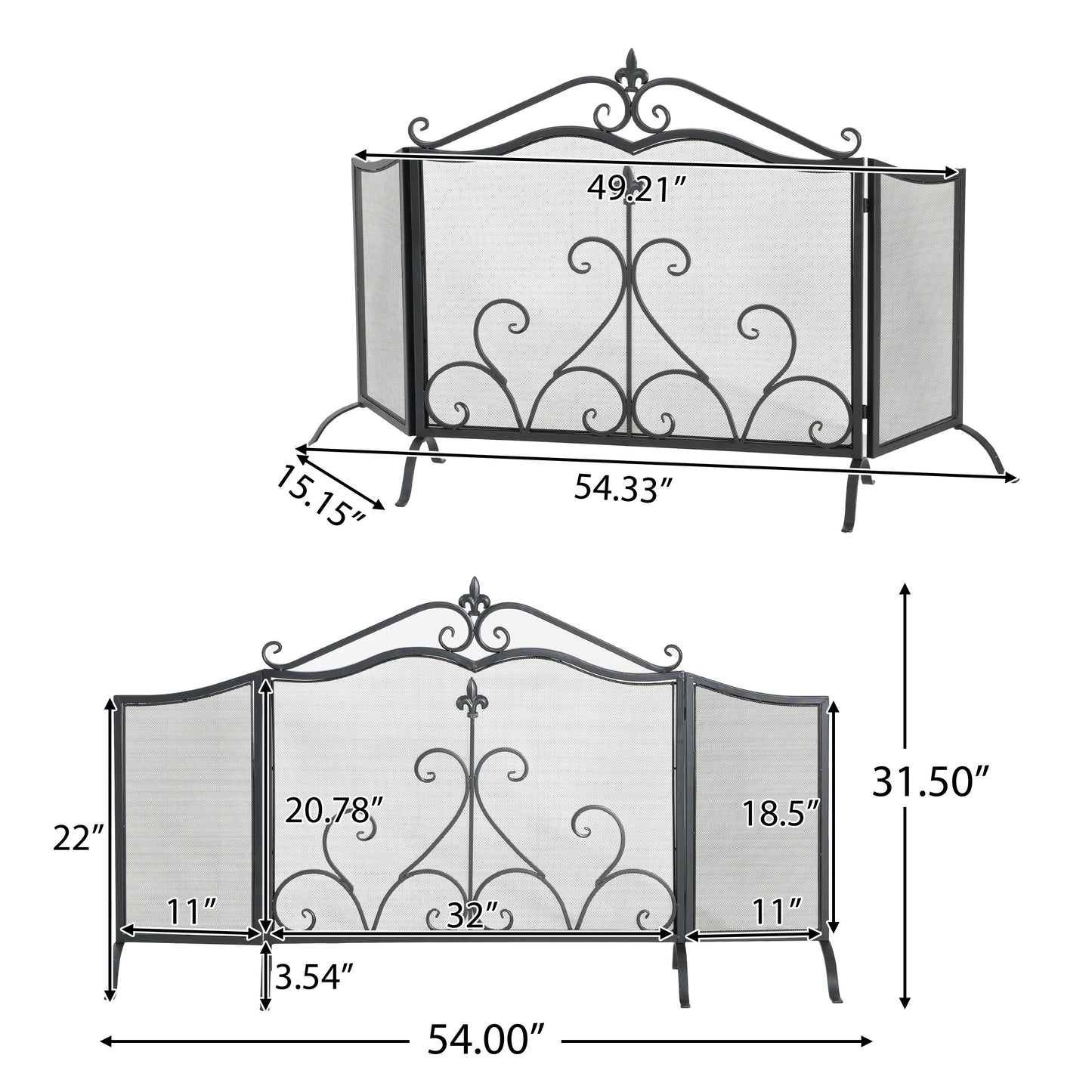 Onyx 3-Panel Iron Fireplace Screen 54" x 31.5", Black Finish image 2
