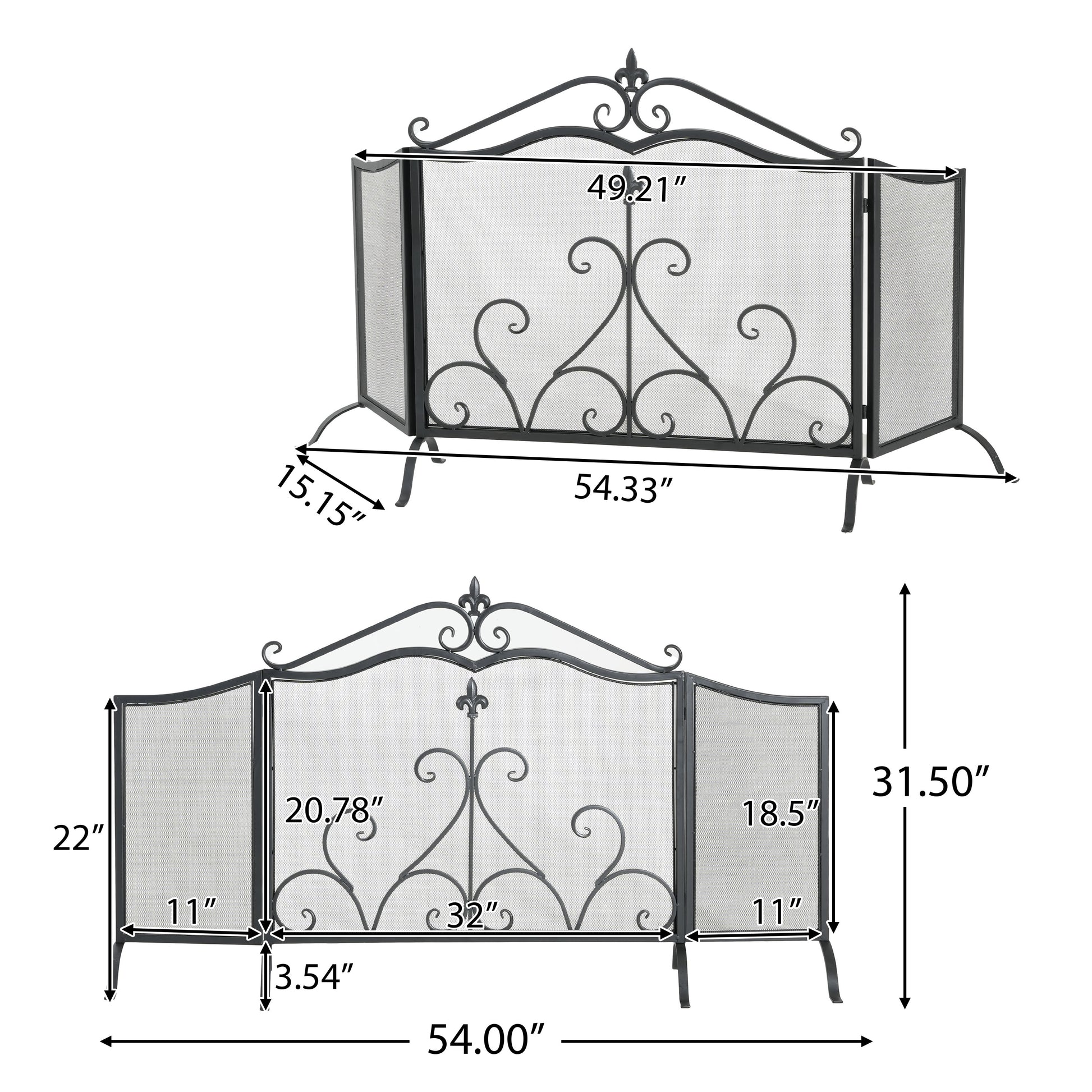 Onyx 3-Panel Iron Fireplace Screen 54" x 31.5", Black Finish image 2