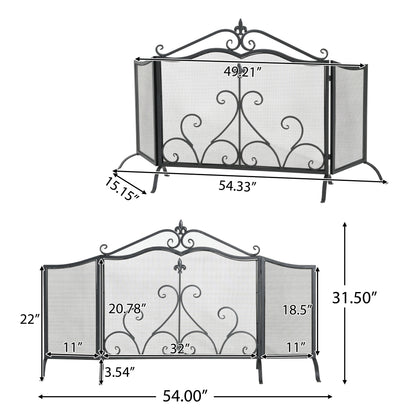 Onyx 3-Panel Iron Fireplace Screen 54" x 31.5", Black Finish image 2
