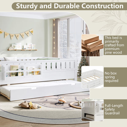 Full with built-in bookshelves and small staircase, high-quality safety rails, and Trundle,White image 5