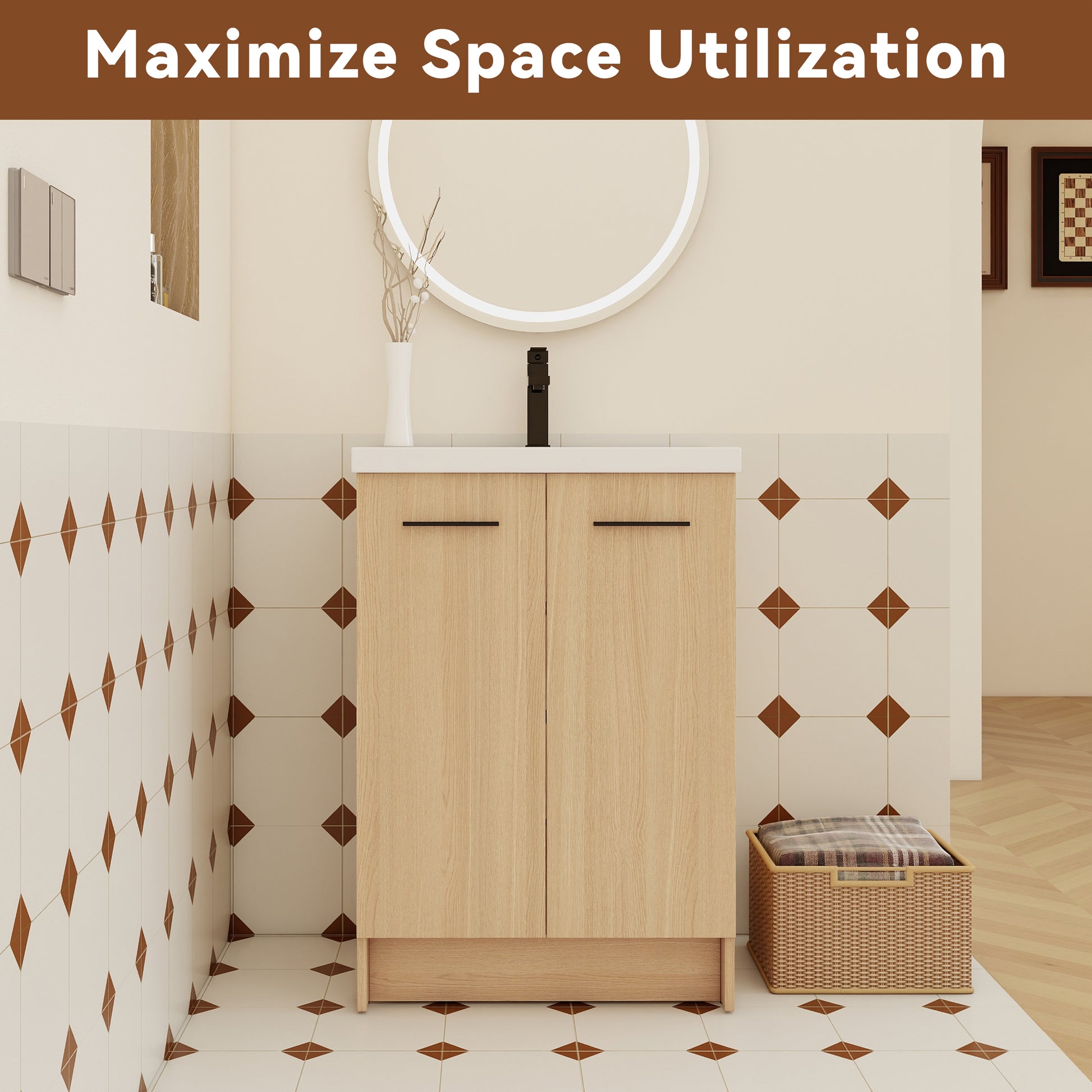 24" Freestanding Bathroom Vanity with Resin Sink, Light Oak, Double Door Storage, KD (Ready-to-Assemble), Includes Black & Brushed Aluminum Handles image 7