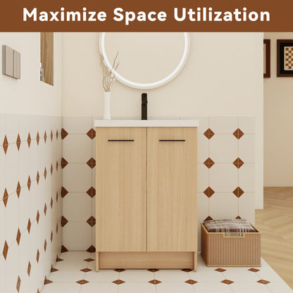 24" Freestanding Bathroom Vanity with Resin Sink, Light Oak, Double Door Storage, KD (Ready-to-Assemble), Includes Black & Brushed Aluminum Handles image 7