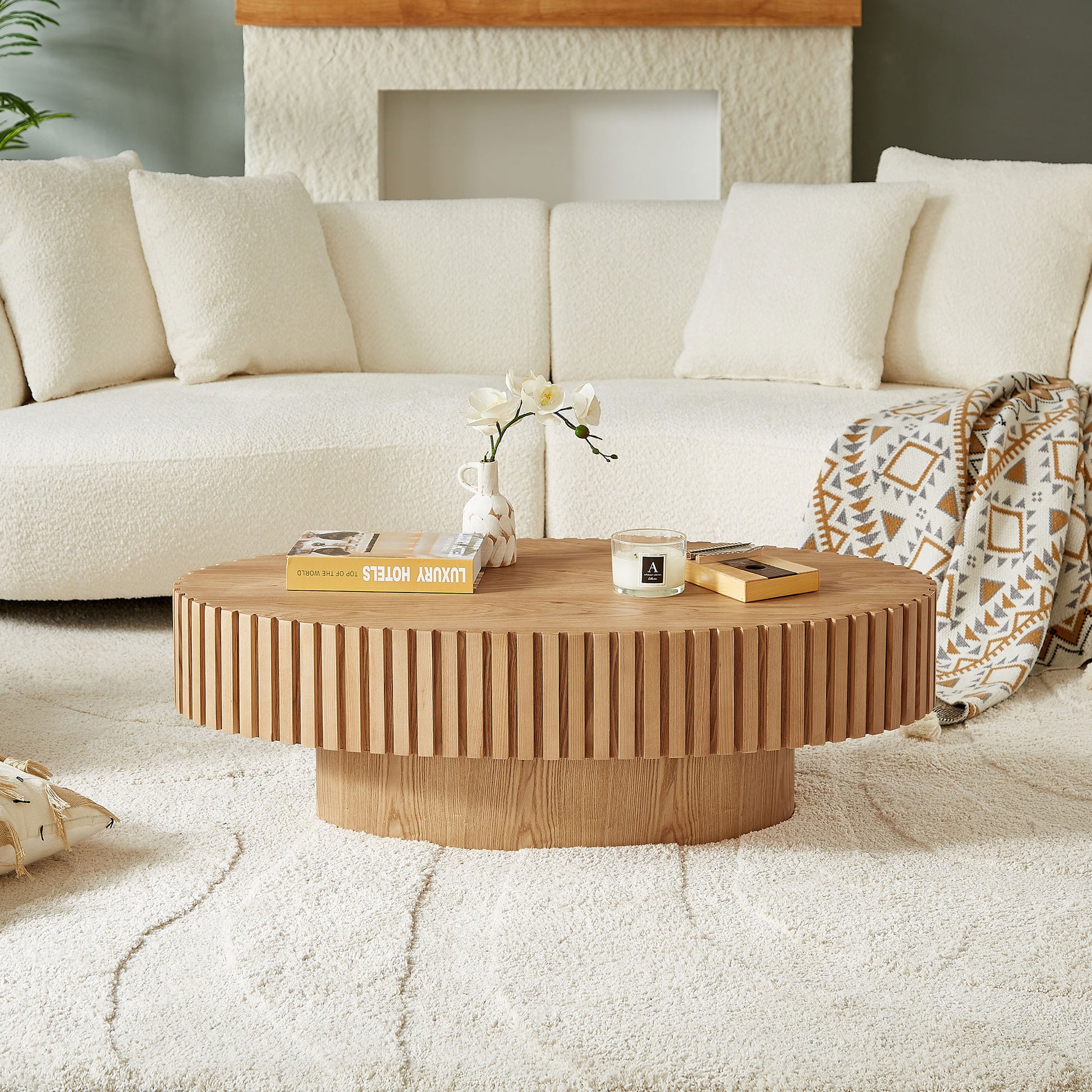 Modern Handcraft Drum Coffee Table Length 43.7 inch Ellipse Coffee Table for Living Room,Oval Small Coffee Table with Sturdy Pedestal,Natural Ash MDF,W2582P251207 image 12