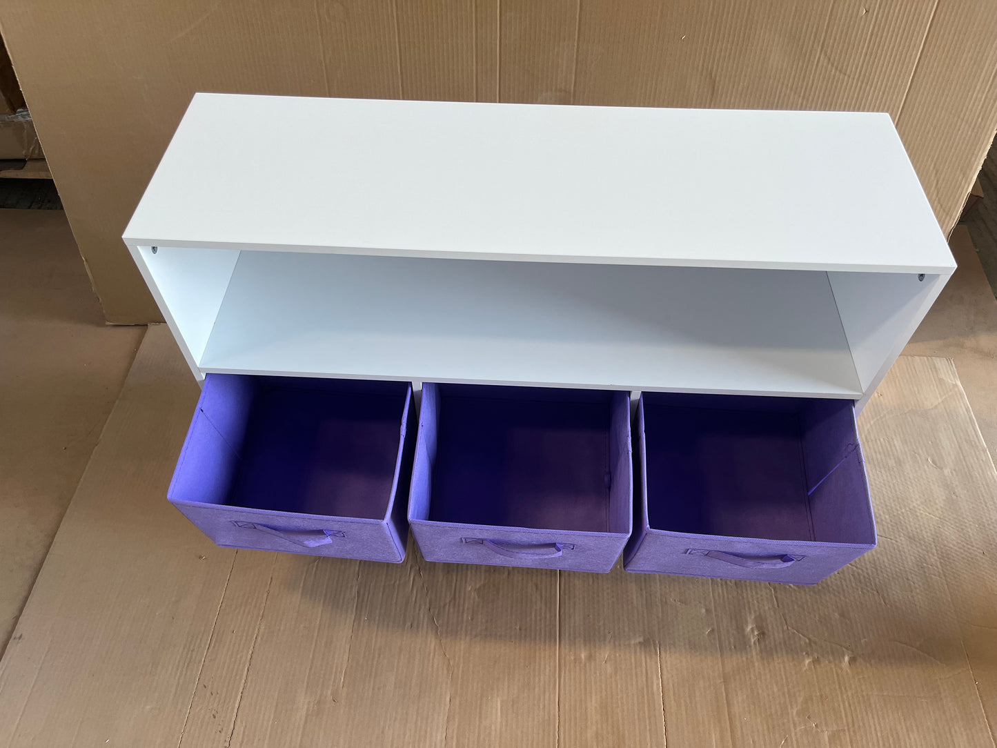 Kids bookcase with Collapsible Fabric Drawers, Children's Book Display, Toy Storage Cabinet Organizer, White/Purple image 2