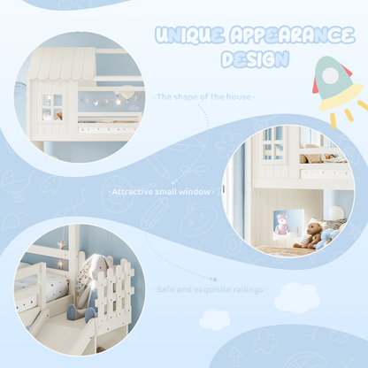 Twin over Full House Bunk Bed with Ladders and Slides, House Floor Bunk Bed with Storage Shelves and Wardrobe, Playhouse Design,Beige image 8