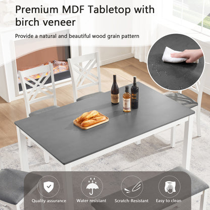 6 Piece Kitchen Dining Set, Rectangular Wooden Dining Table with 4 Upholstered Chairs and a Bench, Dining Table Set for 6 People, Living Room and Kitchen, Grey & White two tone image 3