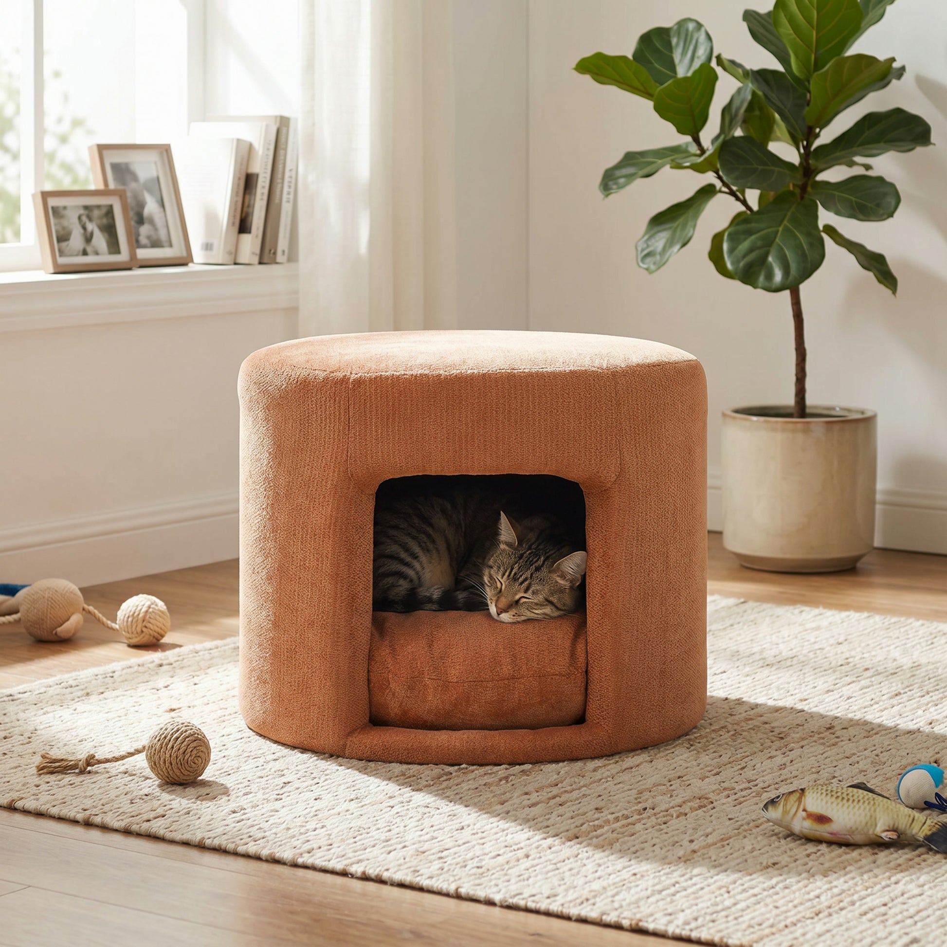 Orange Pet Friendly Ottoman with Removable Pet Cushion, Hidden Pet Nook, Acacia Wood Legs, 220 lbs Capacity, Upholstered Footrest Stool for Living Room image 3