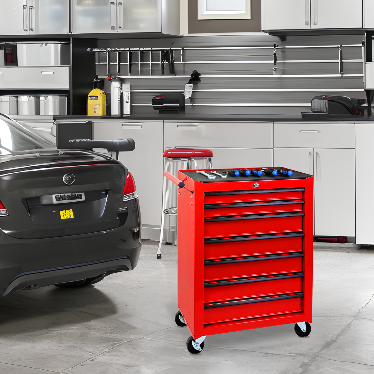 Rolling Metal Tool Chest with 7 Drawers, 20" 7-Drawer Tool Chest Cabinet with Ball Bearing Drawer Slides, Steel Tool Storage Box Organizer -RED image 2