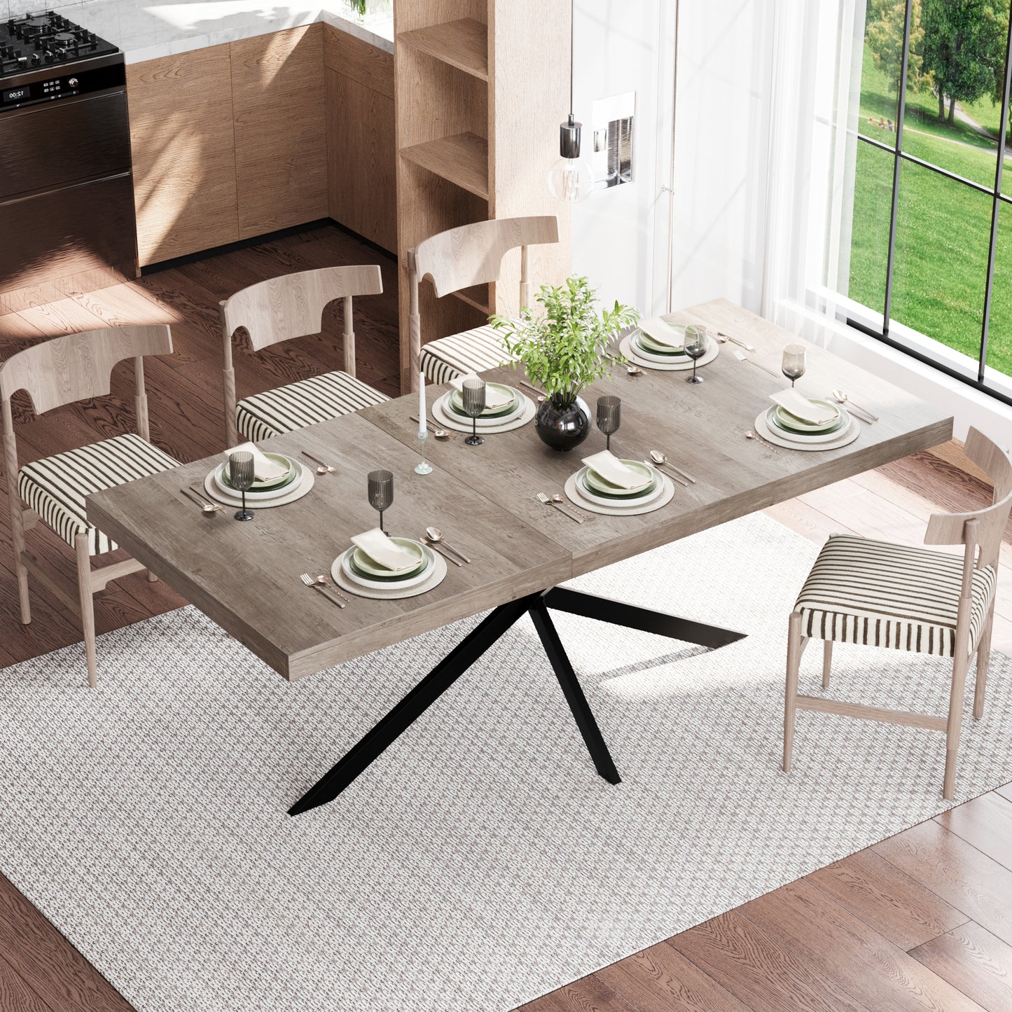 55.11"-70.86"Retro Rectangular Stretch Dining Table, Grey Carole Top With Same Color Embossed Center Plate,With Storage Box,Suitable for dining rooms, kitchens, and living rooms,Grey image 3
