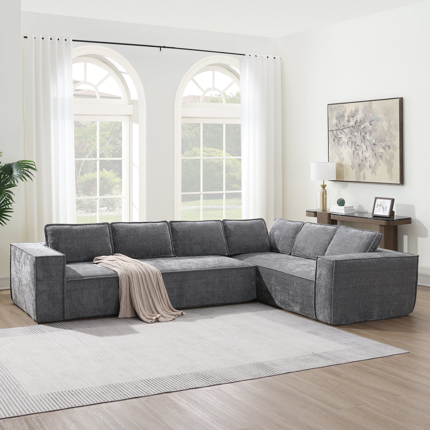 [VIDEO+New]129.5" Minimalist Style Modular Sectional Sofa,6 Seat Wrinkle-resistant Chenille Couch Set,2 PC Free Combination,Modern L-Shaped Cloud Sofa Set for Living Room,No Assembly Require,3 Colors image 1