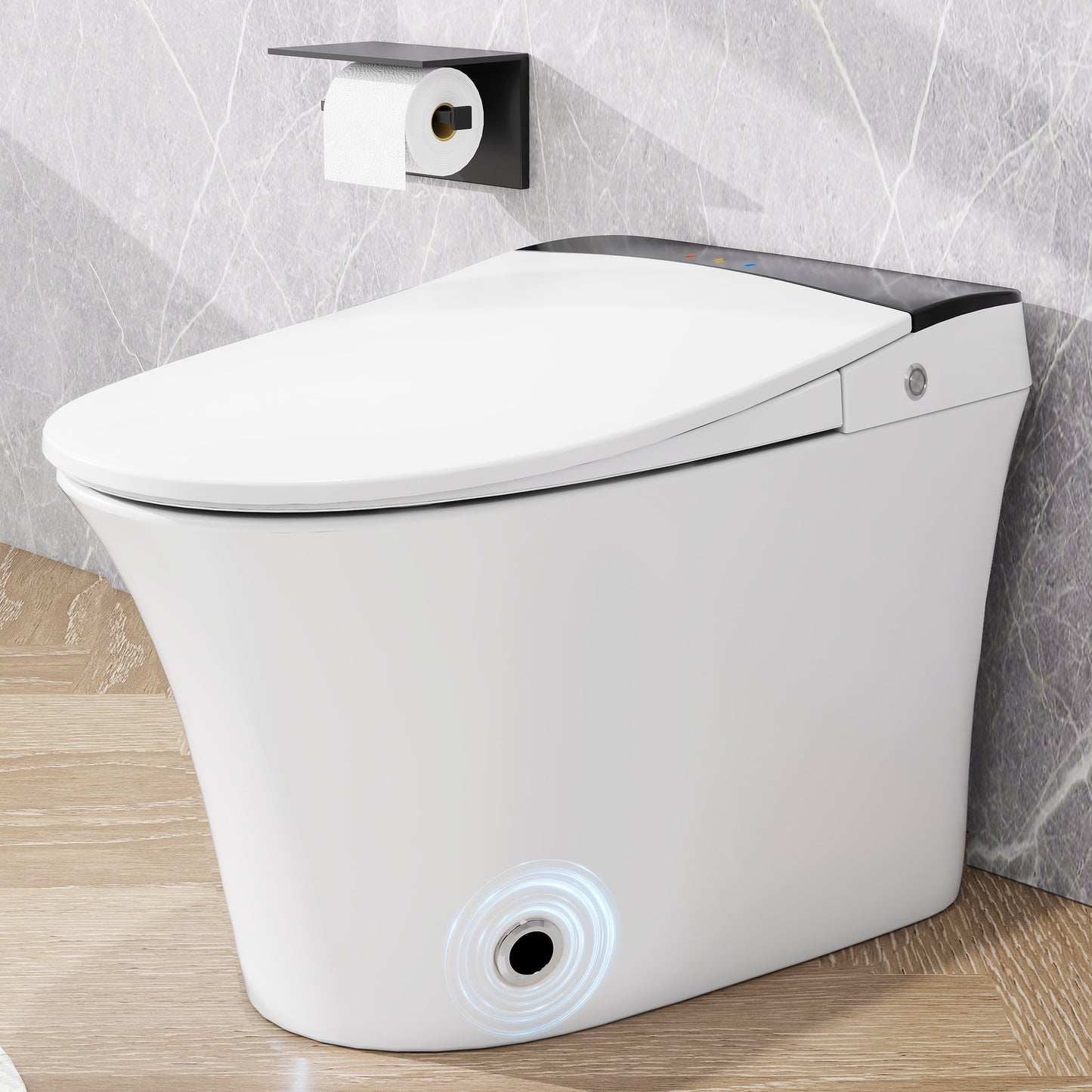 Heated Seat Smart Toilet, One Piece Toilet, Automatic Flush Tankless Toilet without Bidet, with Foot sensor Flush, Blue Night Light, Knob Control, Power Outage Flushing, Soft Close Cover,White image 1