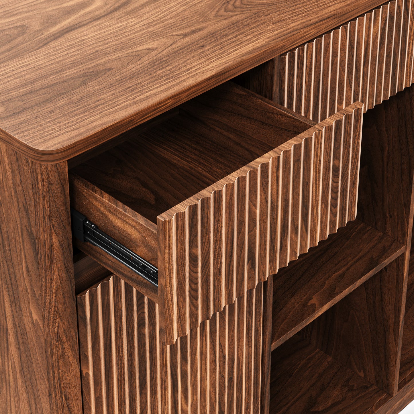 53.2"Fluted Buffet Wine Cabinet with Mini Fridge Nook(Fridge Not Included), Charging Station&Adjustable Shelves, Sideboard Storage Cabinet for Kitchen Living Room,Walnut image 11