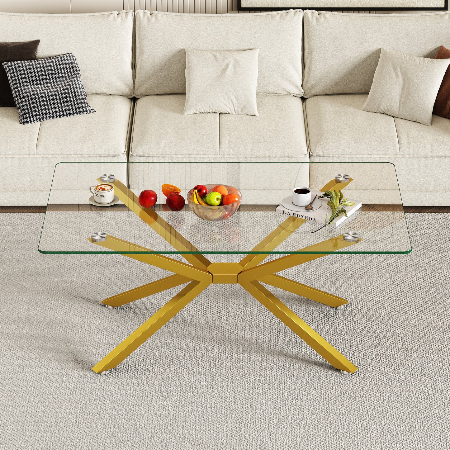 39.37" Rectangular Clear Tempered Glass Coffee Table,Stylish Design with Gold Metal Legs, Coffee Table for Living Room image 2