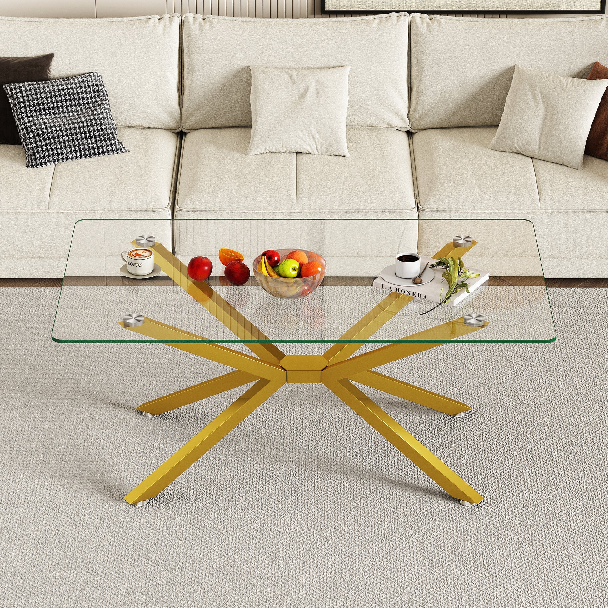 39.37" Rectangular Clear Tempered Glass Coffee Table,Stylish Design with Gold Metal Legs, Coffee Table for Living Room image 2