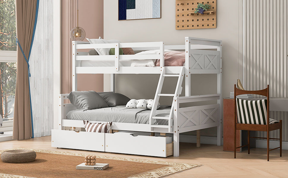 Twin over Full Bunk Bed with Ladder, Two Storage Drawers, Safety Guardrail, White image 4