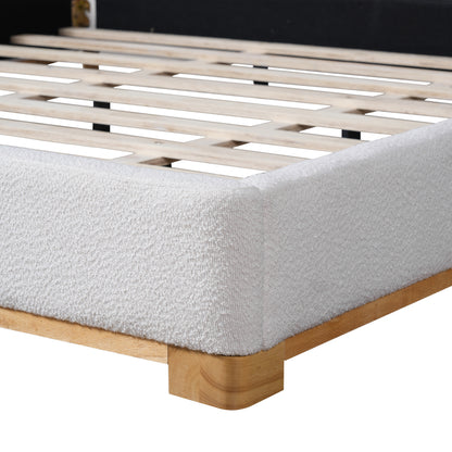 California King Size Bed Frame With Boucle Upholstered Curved Headboard, Solid Wood Base And Legs, White image 12