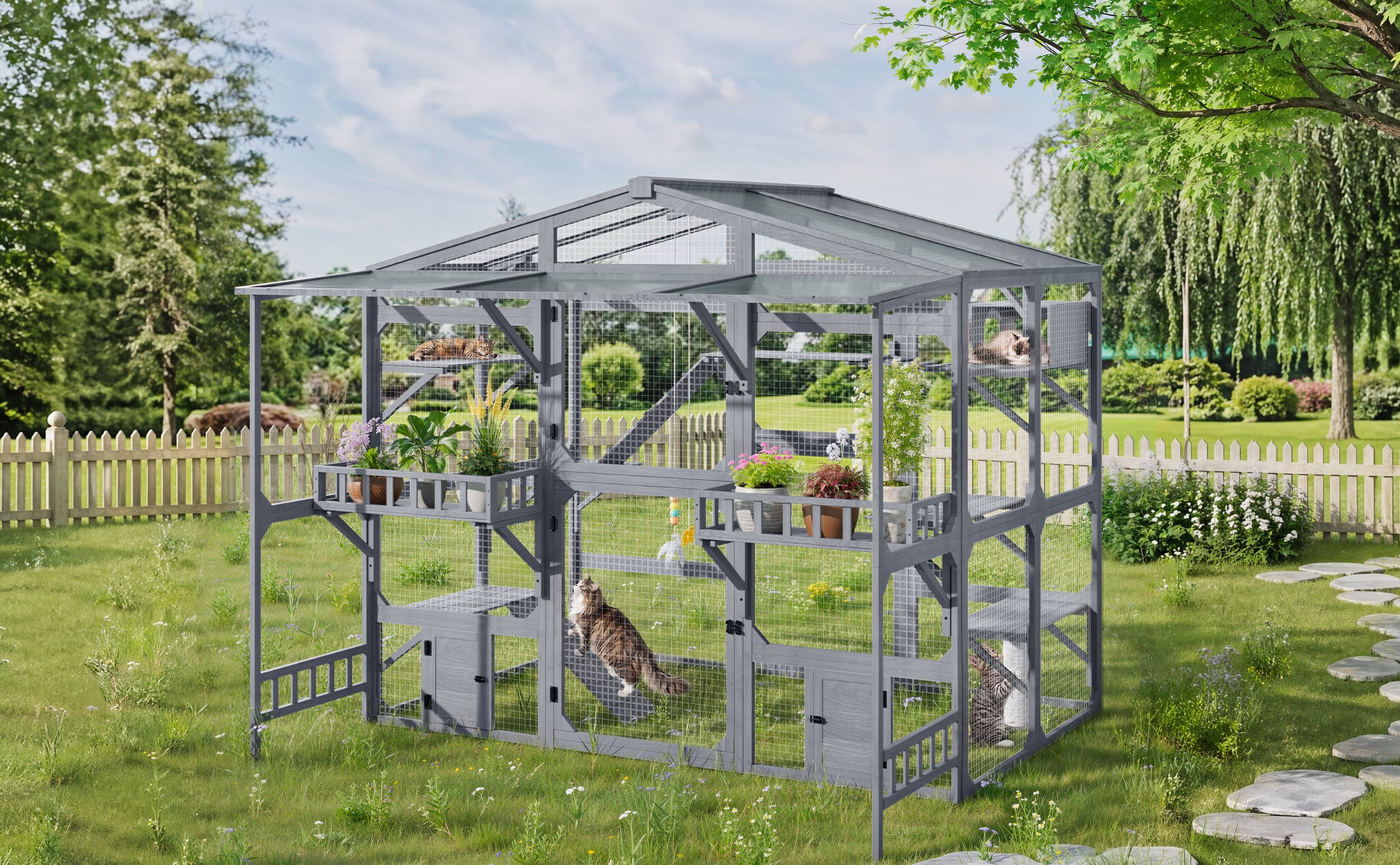 Large Outdoor Catio for 6-10 Cats, Pine Wood Cat Cage Outdoor with Weatherproof Roof, 6 Platforms, Climbing Ramp, 1 Resting Box and Cat Scratching Post, Outdoor Cat House with Storage Shelves, Grey image 8