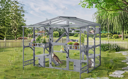 Large Outdoor Catio for 6-10 Cats, Pine Wood Cat Cage Outdoor with Weatherproof Roof, 6 Platforms, Climbing Ramp, 1 Resting Box and Cat Scratching Post, Outdoor Cat House with Storage Shelves, Grey image 8