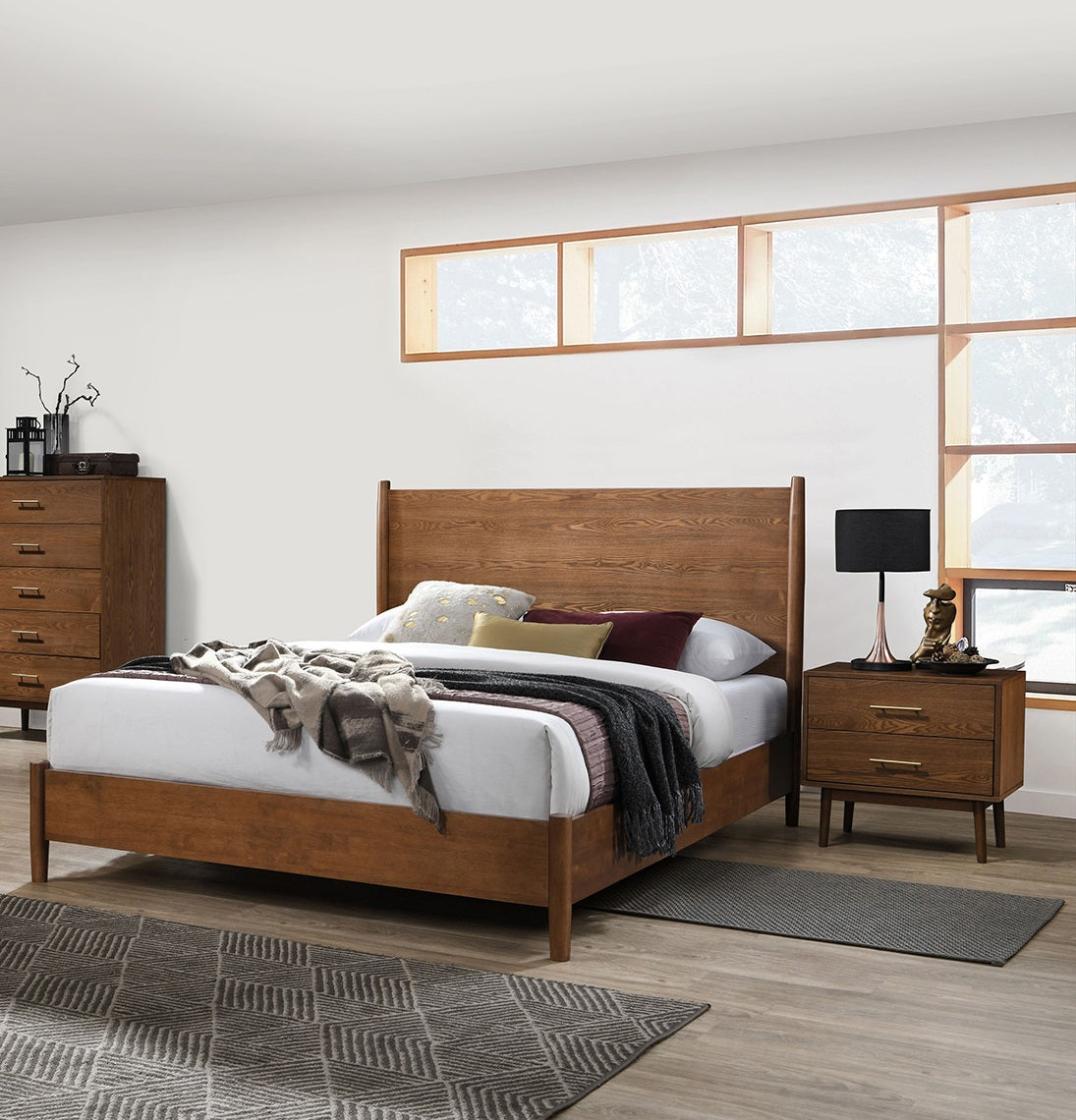 Walnut Color Panel Headboard 3pc Bedroom Set Queen Size Bed 2x Nightstands Wooden Mid-Century Modern Style image 2