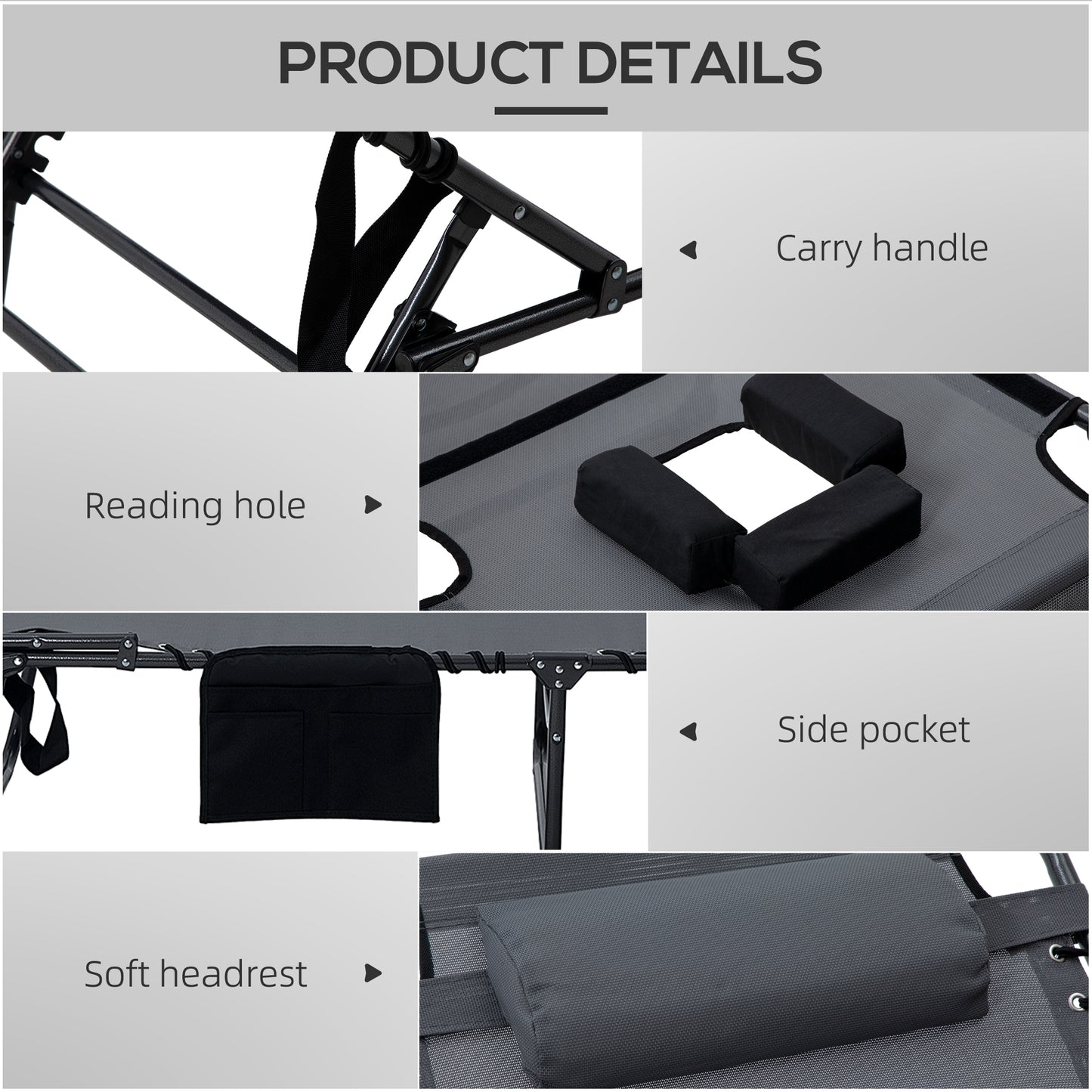 Outsunny 2 Piece Folding Chaise Lounge with 5-level Reclining Back, Outdoor Tanning Chair with Reading Face Hole, Outdoor Lounge Chair with Side Pocket & Headrest for Beach, Yard, Patio, Gray image 5