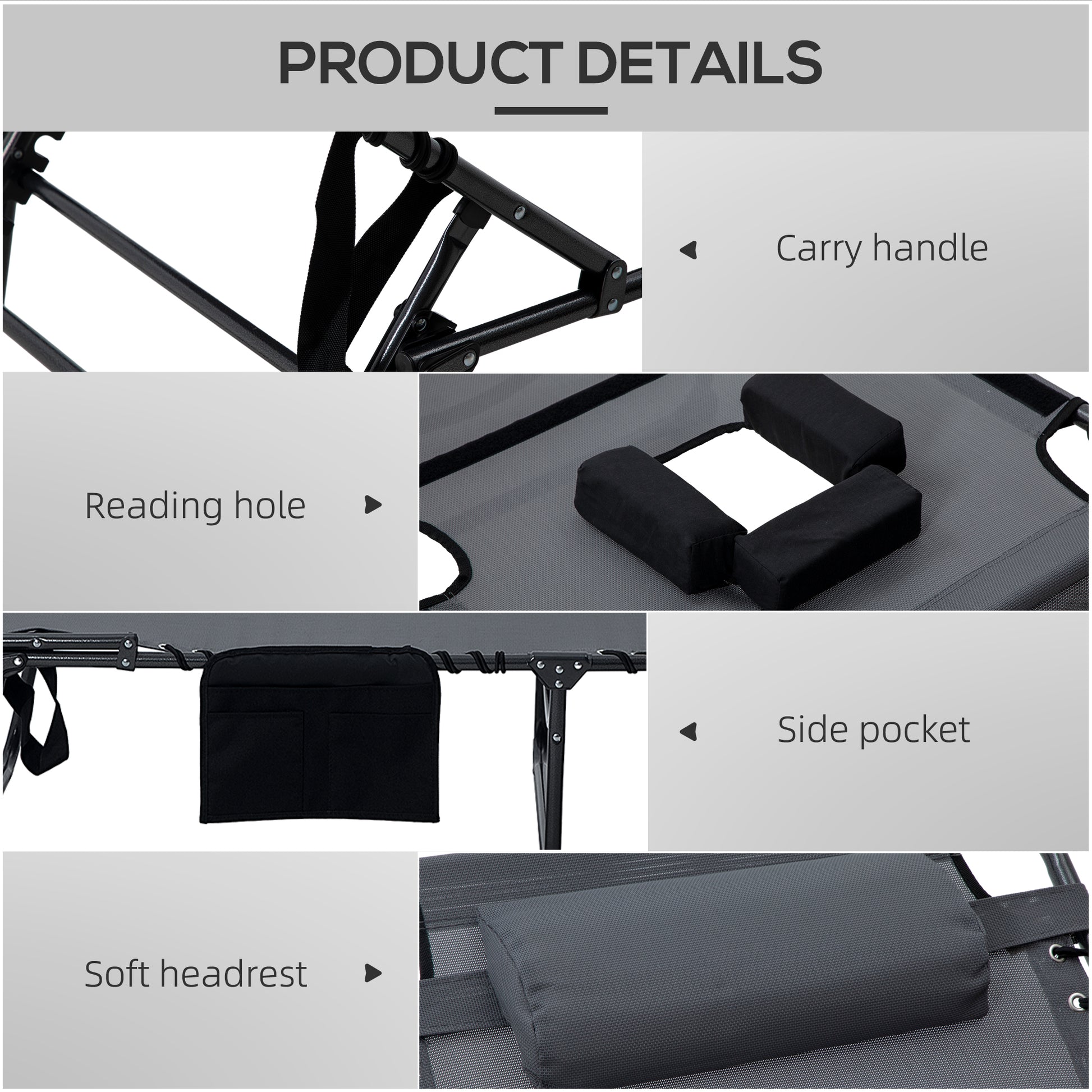 Outsunny 2 Piece Folding Chaise Lounge with 5-level Reclining Back, Outdoor Tanning Chair with Reading Face Hole, Outdoor Lounge Chair with Side Pocket & Headrest for Beach, Yard, Patio, Gray image 5