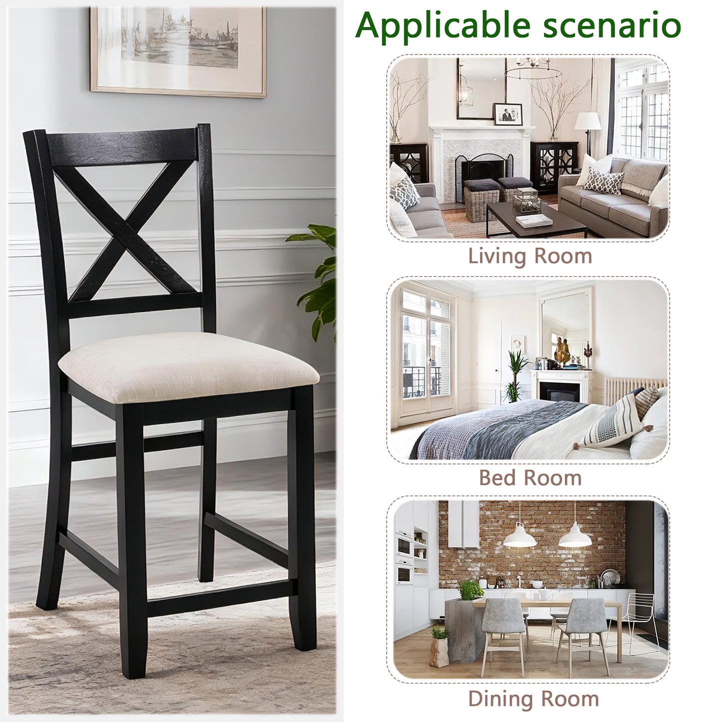 Dining Chairs Only, Wooden Counter Height Dining Chairs Set of 4, Kitchen Chair with Padded Seat, Upholstered Side Chair for Dining Room, Living Room, Kitchen, Black & Beige two tone image 5