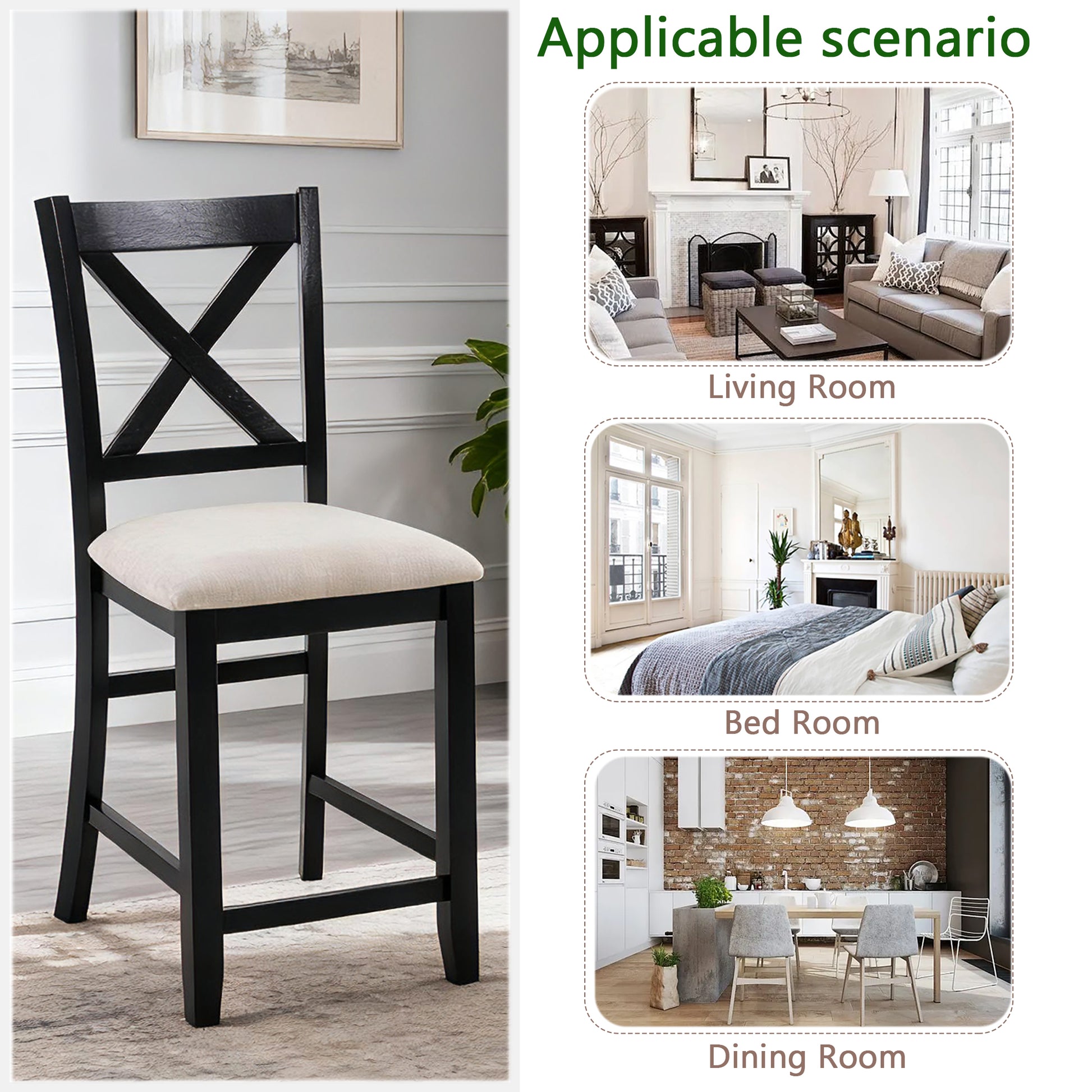 Dining Chairs Only, Wooden Counter Height Dining Chairs Set of 4, Kitchen Chair with Padded Seat, Upholstered Side Chair for Dining Room, Living Room, Kitchen, Black & Beige two tone image 5